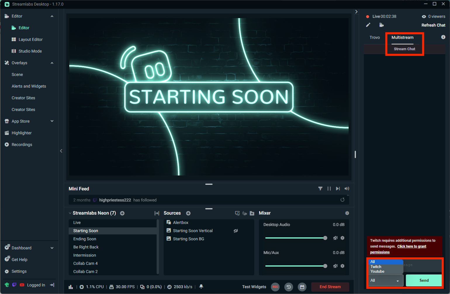 multichat selection in Streamlabs Desktop